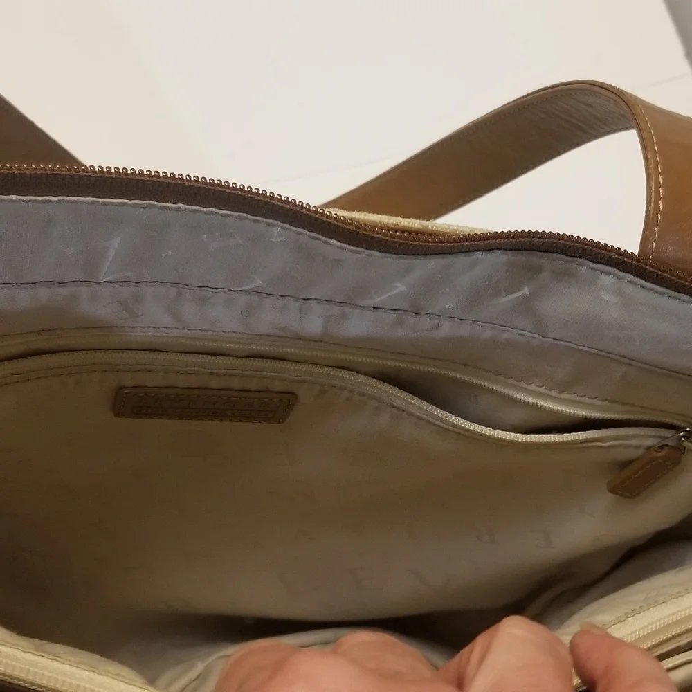 Levenger leather and fabric tote